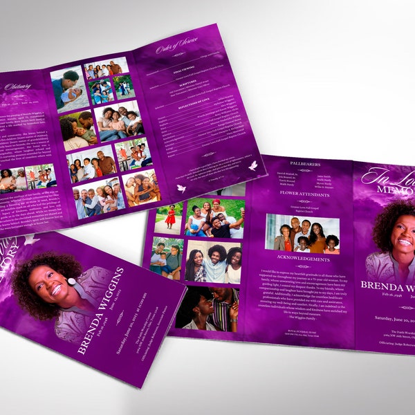 Purple Memories Tabloid Trifold Funeral Program Template for Canva, Celebration of Life, In Loving Memory, Obituary for Women, 11x17