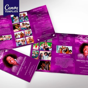 May include: Purple funeral program template with a photo of a woman and the text "In Loving Memory" and "Brenda Wiggins".