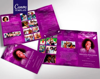 Purple Funeral Program Template: Tabloid Trifold Memorial Obituary for Canva (8.5x11) Digital Download