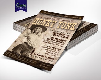 Honky Tonk Country Flyer Template for Canva, Country Western, Birthday Party, Fundraiser Event | 2 Sizes