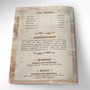 Country Funeral Program Word and Publisher Template has 4 pages and is designed with a grungy texture and a vintage country western composition. Print Size is 8.5x11 inches,  and is Bi-fold to 5.5x8.5 inches , for memorial or funeral services.