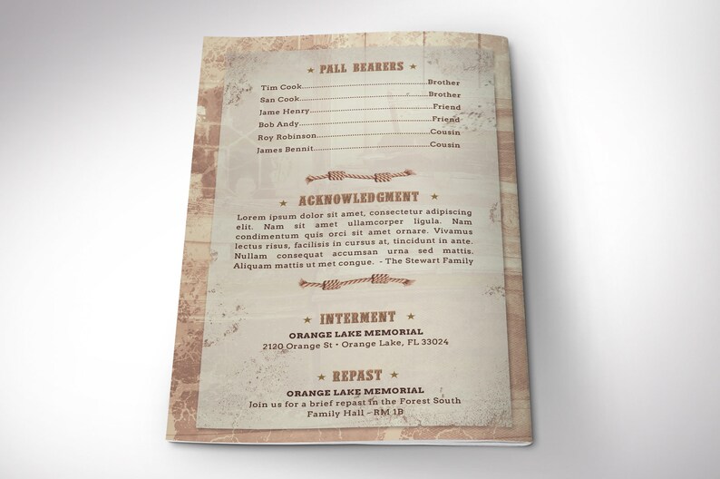 Country Funeral Program Word and Publisher Template has 4 pages and is designed with a grungy texture and a vintage country western composition. Print Size is 8.5x11 inches,  and is Bi-fold to 5.5x8.5 inches , for memorial or funeral services.