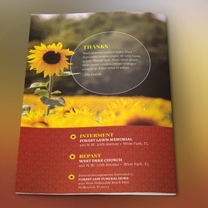 Sunflower Funeral Program Word and Publisher Template, Print Size 8.5x11 inches, Bi-Fold to 5.5x8.5 inches, is for memorial or funeral services. The sunflower petals on the obituary template, combined with clean serif text lend