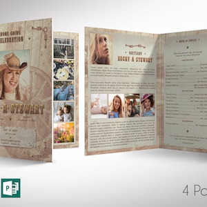 Cowgirl Tabloid Funeral Program Word and Publisher Template, Print Size: 17x11 inches,  Bi-fold to 8.5x11 inches is for memorial or funeral services. Design with a grungy texture and a vintage country western composition.