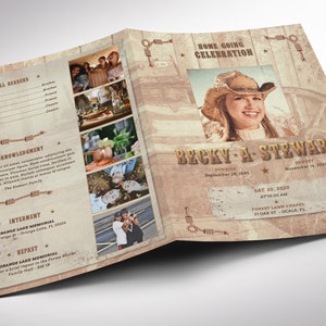 Cowgirl Tabloid Funeral Program Word and Publisher Template, Print Size: 17x11 inches,  Bi-fold to 8.5x11 inches is for memorial or funeral services. Design with a grungy texture and a vintage country western composition.