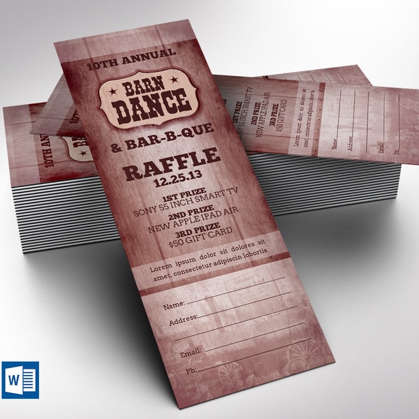 Barn Dance Barbecue Raffle Ticket Word Publisher Template | 5 Backgrounds Included | Size: 2”x6”
