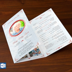 Pode incluir: Um programa de funeral azul e branco com uma borda vermelha. O programa inclui uma foto de uma mulher, a ordem do serviço e o texto "Celebrating Her Life" e "Anny May Lewes".