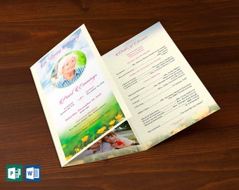 Green & Yellow Floral Funeral Program Template: Trifold Memorial Obituary for Word (11x8.5 in)