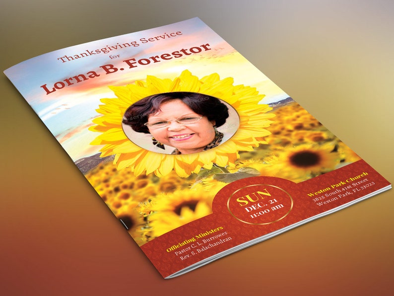 Sunflower Funeral Program Word and Publisher Template, Print Size 8.5x11 inches, Bi-Fold to 5.5x8.5 inches, is for memorial or funeral services. The sunflower petals on the obituary template, combined with clean serif text lend