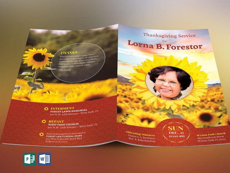 Sunflower Funeral Program Word and Publisher Template, Print Size 8.5x11 inches, Bi-Fold to 5.5x8.5 inches, is for memorial or funeral services. The sunflower petals on the obituary template, combined with clean serif text lend