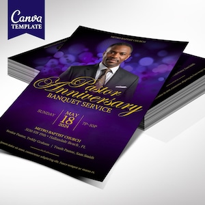 Pastor Anniversary Banquet Flyer Template for Canva, Purple Gold, Pastor Appreciation, Church Invitation, Gala, Fundraiser Event, 3 Sizes
