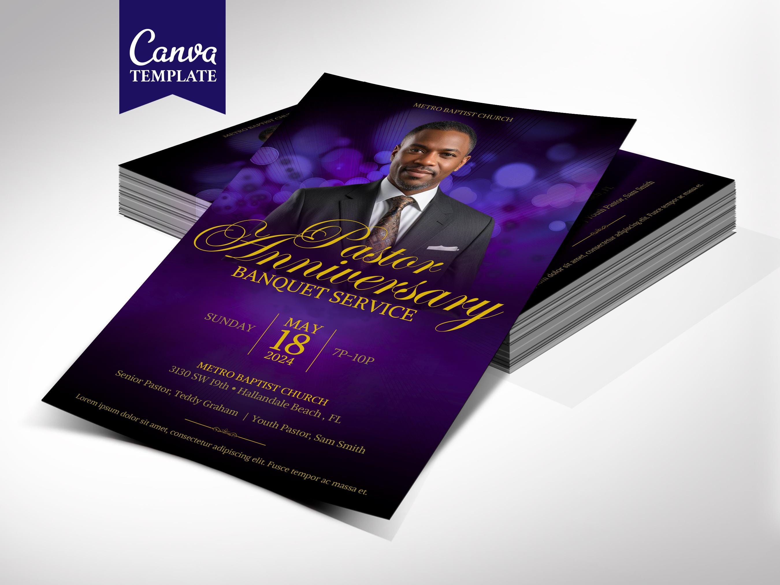 Pastor Anniversary Banquet Flyer Template for Canva, Purple Gold, Pastor Appreciation, Church Invitation, Gala, Fundraiser Event, 3 Sizes