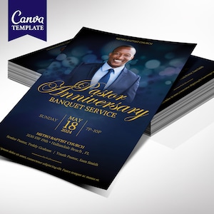 Pastor Anniversary Banquet Flyer Template for Canva, Blue Gold, Pastor Appreciation, Church Invitation, Gala, Fundraiser Event, 2 Sizes