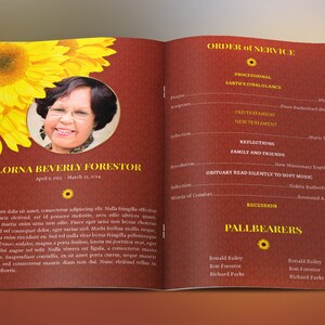 Sunflower Funeral Program Word and Publisher Template, Print Size 8.5x11 inches, Bi-Fold to 5.5x8.5 inches, is for memorial or funeral services. The sunflower petals on the obituary template, combined with clean serif text lend