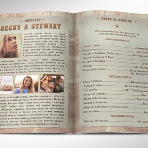 Country Funeral Program Word and Publisher Template has 4 pages and is designed with a grungy texture and a vintage country western composition. Print Size is 8.5x11 inches,  and is Bi-fold to 5.5x8.5 inches , for memorial or funeral services.
