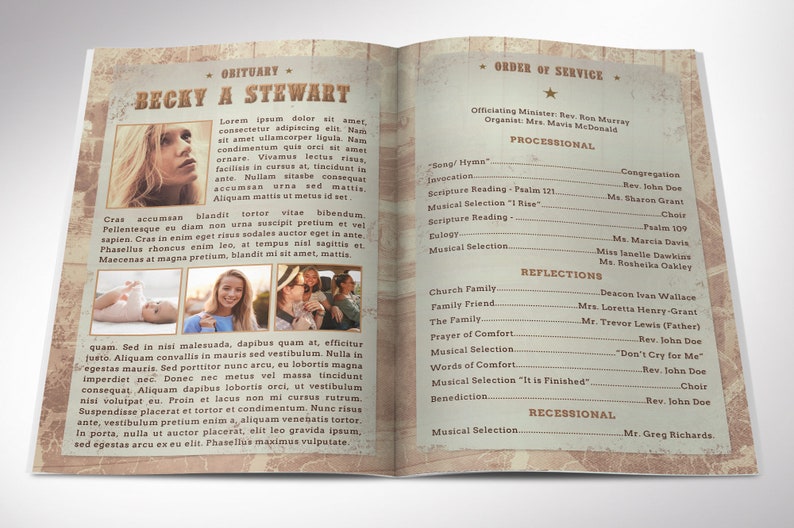 Country Funeral Program Word and Publisher Template has 4 pages and is designed with a grungy texture and a vintage country western composition. Print Size is 8.5x11 inches,  and is Bi-fold to 5.5x8.5 inches , for memorial or funeral services.