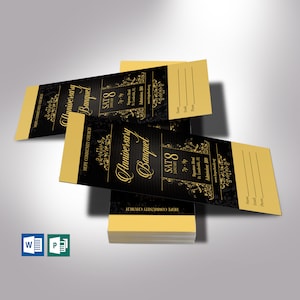 Goldenes Jubiläum Bankett Ticket Vorlage, Word und Verlag, Schwarz und Gold, Jubiläum der Kirche, Spendenaktion 9x7
