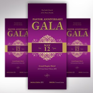 Pastor Anniversary Gala Ticket Template has an elegant purple and gold vintage design. The size is 3x7 inches. Great for formal occasions such as church and pastor anniversary galas, banquets, office parties, etc. A classical-themed event ticket.