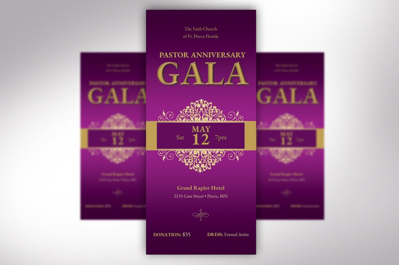 Pastor Anniversary Gala Ticket Template has an elegant purple and gold vintage design. The size is 3x7 inches. Great for formal occasions such as church and pastor anniversary galas, banquets, office parties, etc. A classical-themed event ticket.