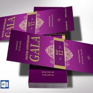 Pastor Anniversary Gala Ticket Template, Word and Publisher, Purple and Gold, Church Anniversary Fundraiser Event, Editable Colors, 3”x7”