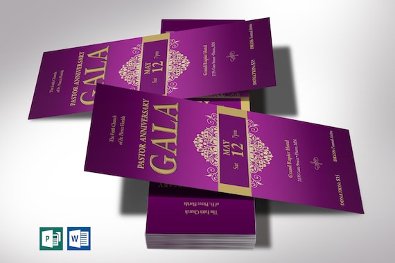 Pastor Anniversary Gala Ticket Template: Purple and Gold Church Event Entry | Word & Publisher (3x7)