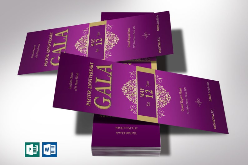 Pastor Anniversary Gala Ticket Template has an elegant purple and gold vintage design. The size is 3x7 inches. Great for formal occasions such as church and pastor anniversary galas, banquets, office parties, etc. A classical-themed event ticket.