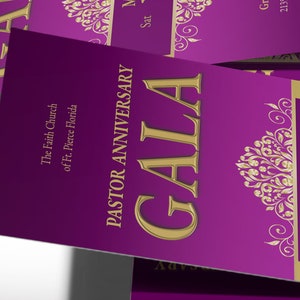 Pastor Anniversary Gala Ticket Template has an elegant purple and gold vintage design. The size is 3x7 inches. Great for formal occasions such as church and pastor anniversary galas, banquets, office parties, etc. A classical-themed event ticket.