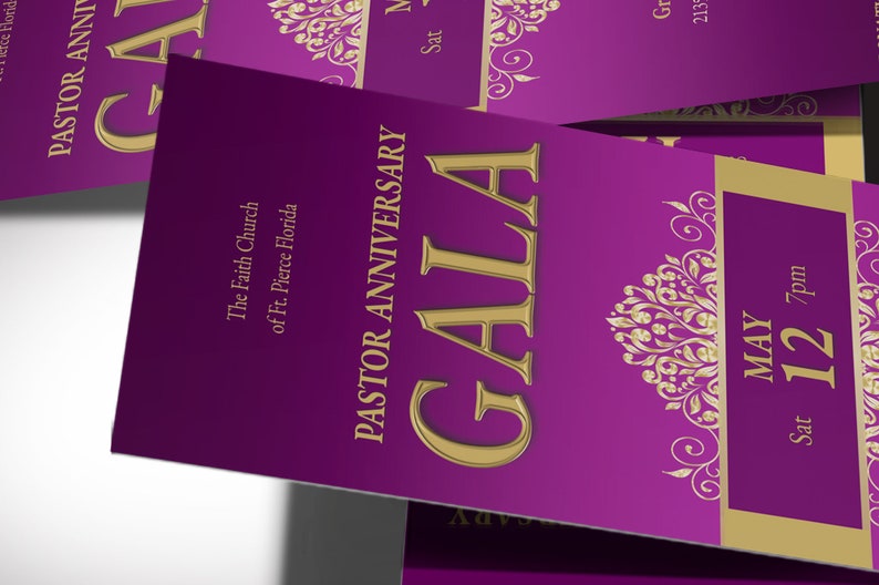 Pastor Anniversary Gala Ticket Template has an elegant purple and gold vintage design. The size is 3x7 inches. Great for formal occasions such as church and pastor anniversary galas, banquets, office parties, etc. A classical-themed event ticket.