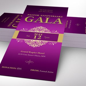 Pastor Anniversary Gala Ticket Template has an elegant purple and gold vintage design. The size is 3x7 inches. Great for formal occasions such as church and pastor anniversary galas, banquets, office parties, etc. A classical-themed event ticket.