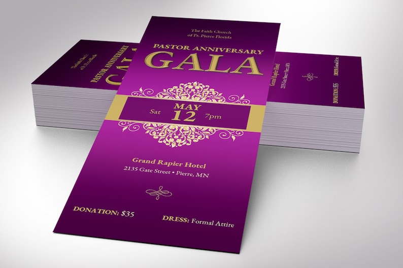 Pastor Anniversary Gala Ticket Template has an elegant purple and gold vintage design. The size is 3x7 inches. Great for formal occasions such as church and pastor anniversary galas, banquets, office parties, etc. A classical-themed event ticket.