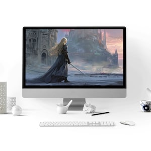 May include: A computer monitor displaying a digital illustration of a woman in a long, dark blue cloak and a sword, standing in front of a large, grey castle. The castle is set against a background of a cloudy sky with a pink and orange sunset.
