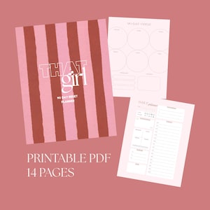 May include: A pink and brown striped planner with the text "THAT girl" and "90 DAY RESET PLANNER". Two additional pink pages with planning layouts are also visible. The text "PRINTABLE PDF 14 PAGES" is at the bottom.