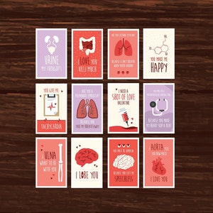 Può includere: Nove biglietti di San Valentino con illustrazioni anatomiche e giochi di parole. I biglietti sono rosa, rossi e viola con testo bianco. Le illustrazioni includono un rene, l'intestino, i polmoni, un cuore, un cervello, uno stetoscopio, una siringa e un osso.