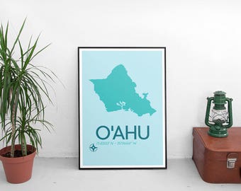 Pôster de O'ahu - 8 x 10 "Download instantâneo - Impressão artística de O'ahu Havaí, pôster de viagem minimalista, pôster do Havaí, mapa de O'ahu, pôster de mapa, arte de parede