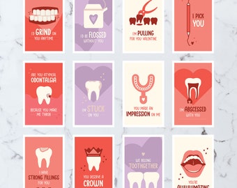 May include: A set of 12 printable Valentine's Day cards featuring dental puns and illustrations. The cards are in pink, red, and purple with white text. The cards feature illustrations of teeth, dental tools, and hearts.