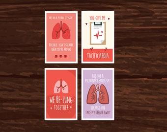 Respiratory Therapist Funny Medical Valentine's Day Cards 4-Pack - Instant Download & Print - Great for doctors, nurses, hospitals