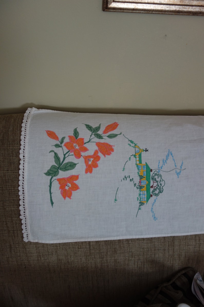 1960s Handpainted Runner Floral Design and House Crochet Edge 33 x 12 Free Ship Table Topper Project Lace Edge