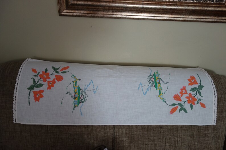 1960s Handpainted Runner Floral Design and House Crochet Edge 33 x 12 Free Ship Table Topper Project Lace Edge