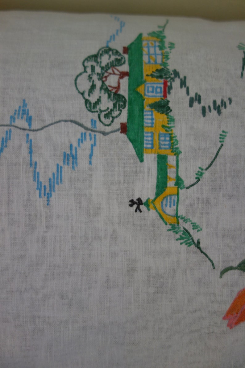 1960s Handpainted Runner Floral Design and House Crochet Edge 33 x 12 Free Ship Table Topper Project Lace Edge