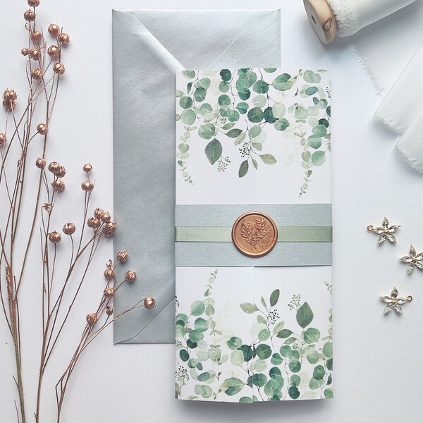 Personalised Money Wallet Eucalyptus - Greenery - Gatefold - Belly Band - Wax Seal - For Gift of Money / Vouchers - Matching Card Available