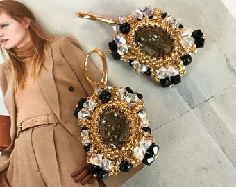 Swarovski Crystal Earrings, Beaded Earrings, Art Deco, Black & Gold Earrings,USA Free Shipping