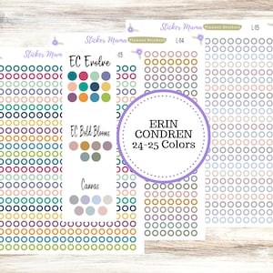 May include: A set of three sticker sheets with a variety of colors and designs. The sheets are labeled "Sticker Mama Planner Stickers" and feature the names "EC Evolve", "EC Bold Blooms", and "Canvas". The sheets are also labeled with the names "Erin Condren" and "24-25 Colors".