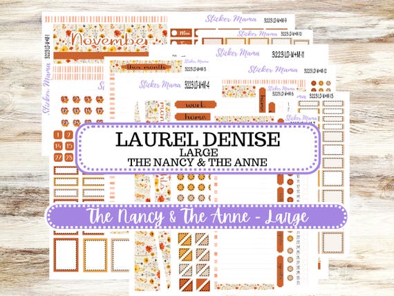 Laurel Denise Large Nancy & Large Anne Planner Sticker Kit | Vertical Horizontal Week + Month | November Fall Pressed Flowers 3223 | 8-26