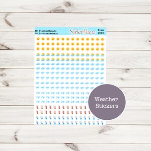 May include: A sheet of weather stickers with various weather icons, including sunshine, clouds, rain, wind, and thermometers. The stickers are on a white background and are arranged in rows. The text "Weather Stickers" is printed on a purple circle in the lower right corner of the sheet.