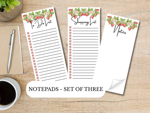 Strawberry Dream Notepads | Set of Three | 3.5 x 8 | To Do List | Shopping List | Notes