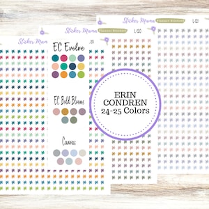 May include: Three sheets of planner stickers with a variety of colors and designs. The stickers are small and feature a star shape. The text on the sheets reads "Sticker Mama Planner Stickers" and "Erin Condren 24-25 Colors".