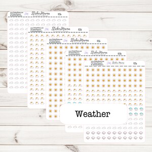 May include: A set of weather themed planner stickers with various weather icons including clouds, sun, rain, and a rainbow. The stickers are white with black outlines and are arranged in rows on a white background. The text "Weather" is printed in black at the bottom of the image.