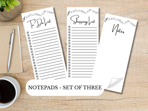 Music Sheet Notepads | Set of Three | 3.5 x 8 | To Do List | Shopping List | Notes