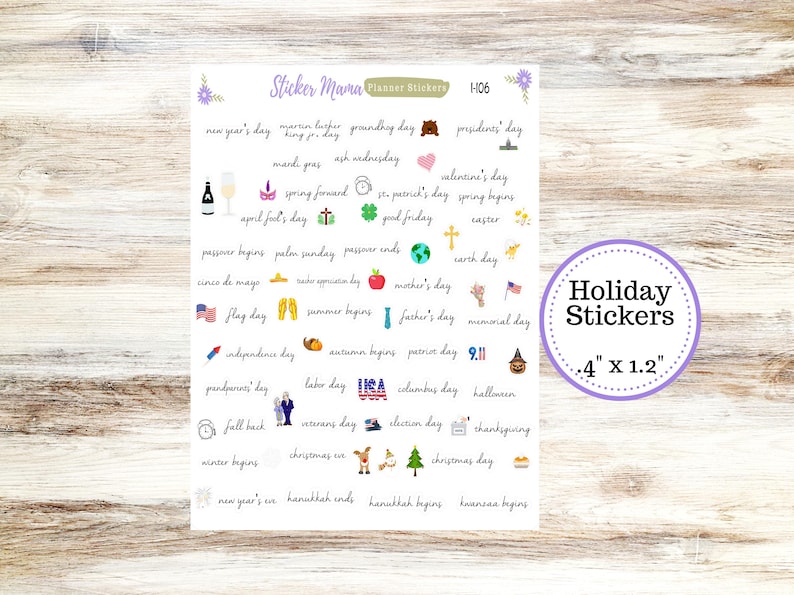May include: Sheet of holiday stickers with various themed illustrations and text, including "New Year's Day," "Valentine's Day," and "Christmas Day." The stickers are .4" x 1.2" in size and feature a variety of colors.