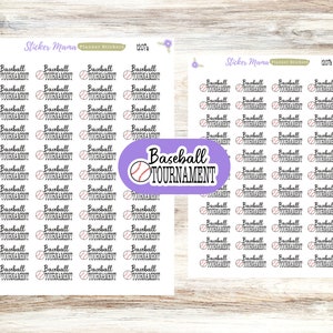 May include: A sheet of 48 white round stickers with a baseball and the text "Baseball Tournament" printed in black. The stickers are arranged in 8 rows of 6 stickers each.